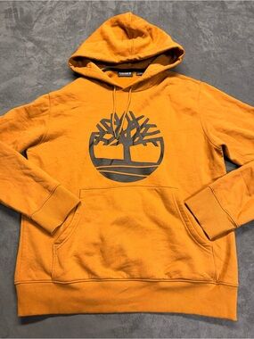 Timberland Men's Pullover Hoodie in Orange with Gray Logo